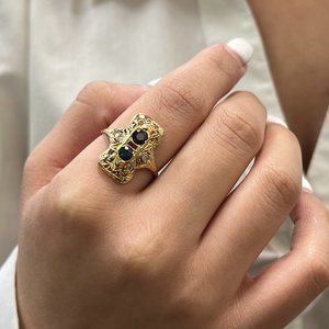 Vintage Art Deco Blue Sapphire And Diamond Antique Ring 14K Yellow Gold SZ 8.25